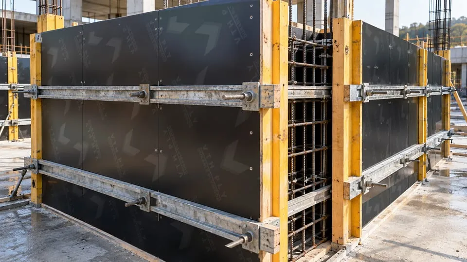 Black VTH PLY printed film faced plywood formwork held with steel walers on a construction site